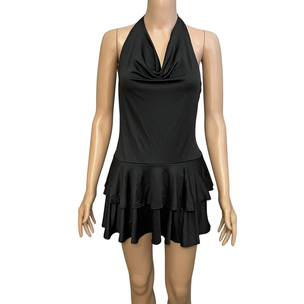NEW 7 Day Wknd Ruffle Hem Romper Halter Neck Black Y2K Clubwear Night Out